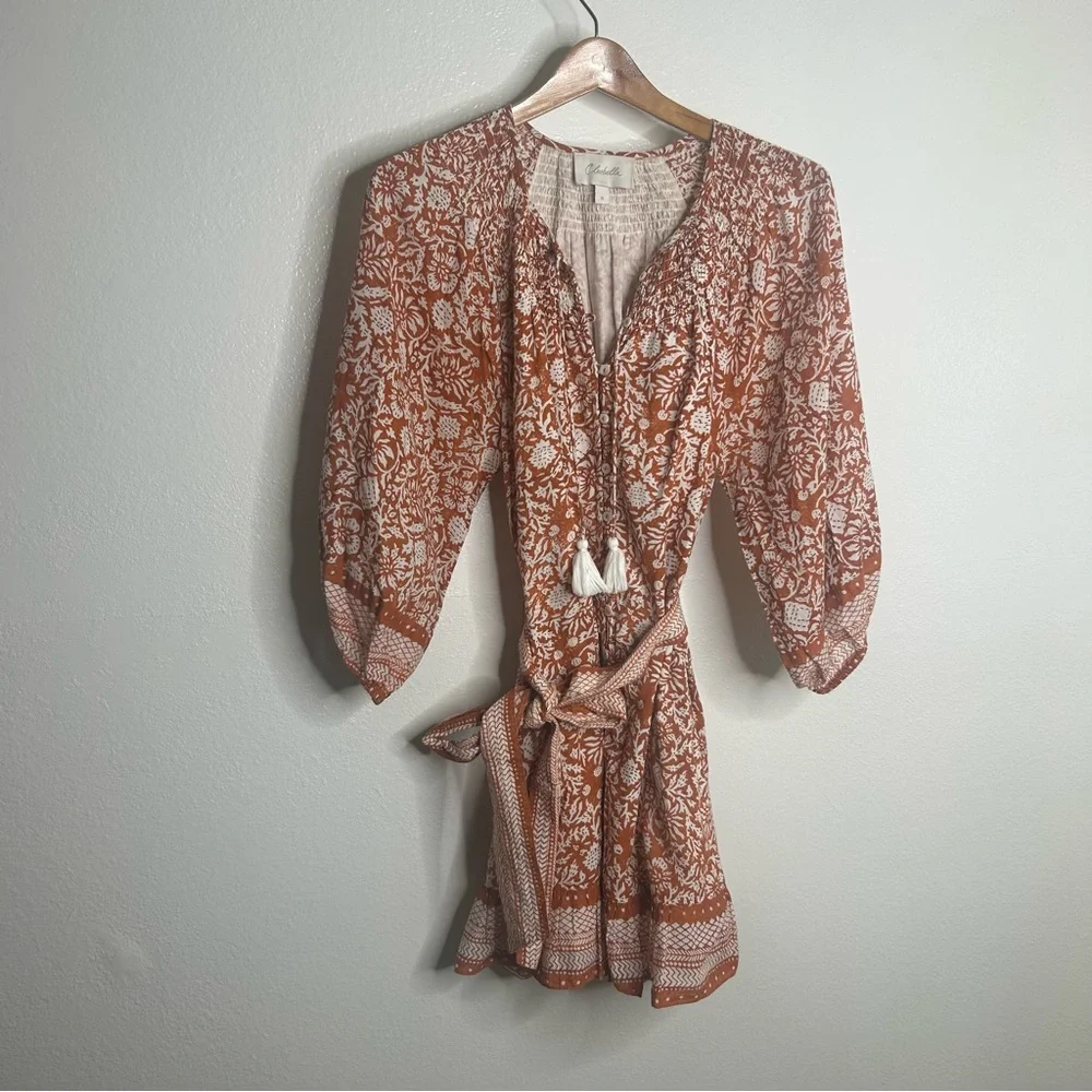Cleobella Organic Cotton Belted Puff Sleeve Mini Dress Orange Floral Vivian S